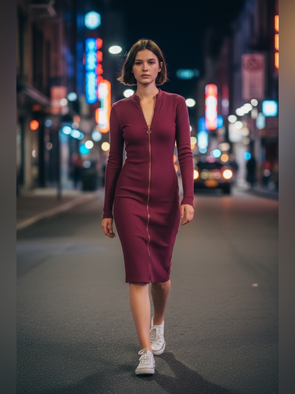 Burgundy Long Sleeve Full Zipper Dress